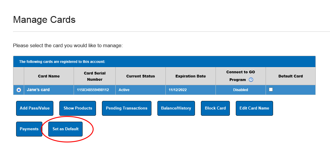 Setting a default card in My EasyGO