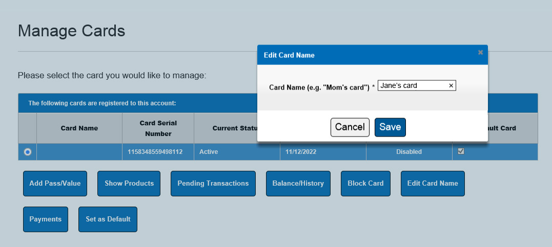 Renaming a card in My EasyGO