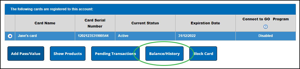 Balance/History button in My EasyGO