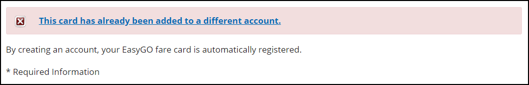 Screenshot of an error message when a card has already been added to another account