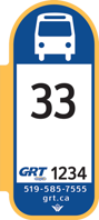 orange, blue and white bus stop marker sign
