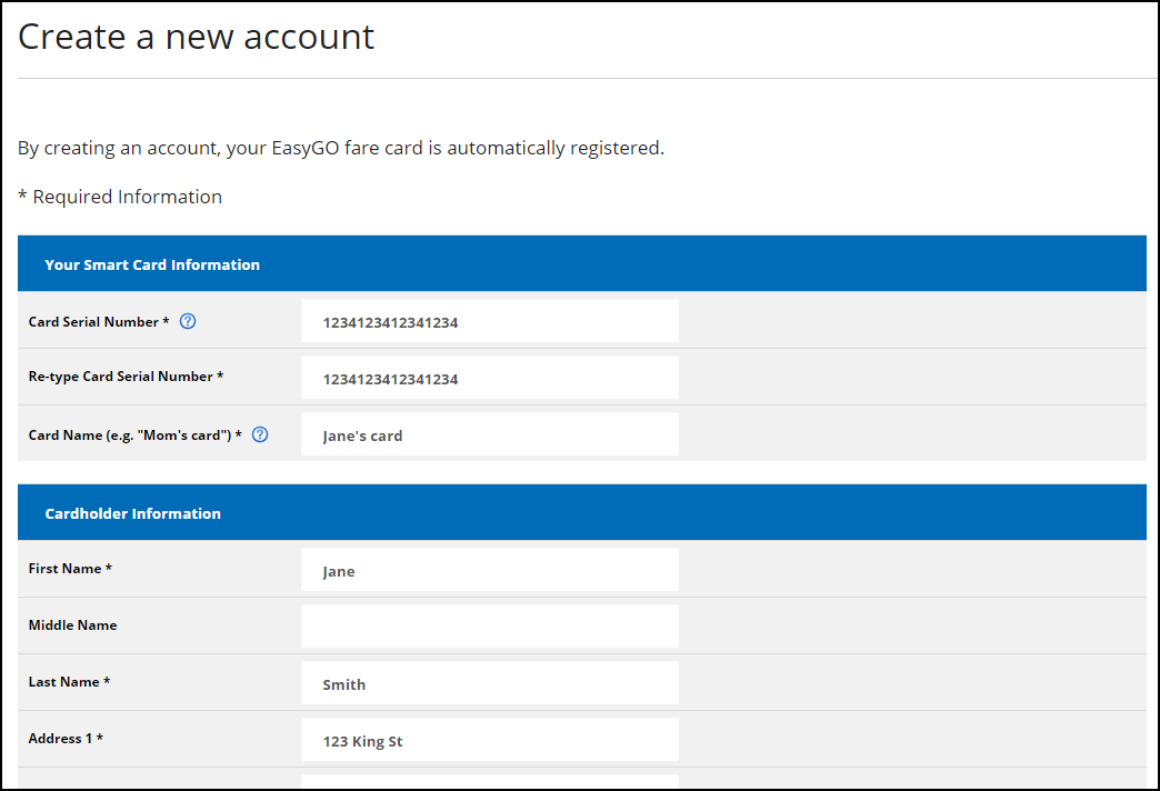 Screenshot of creating a new My EasyGO account