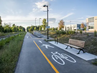 Market Trail, with bench, lighting and trail markings